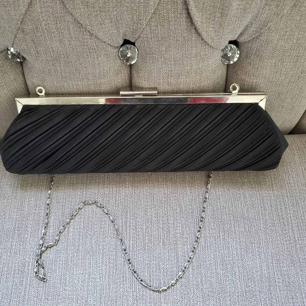 Vintage Elegant Evening Pleated Satin Elongated Clutch Black